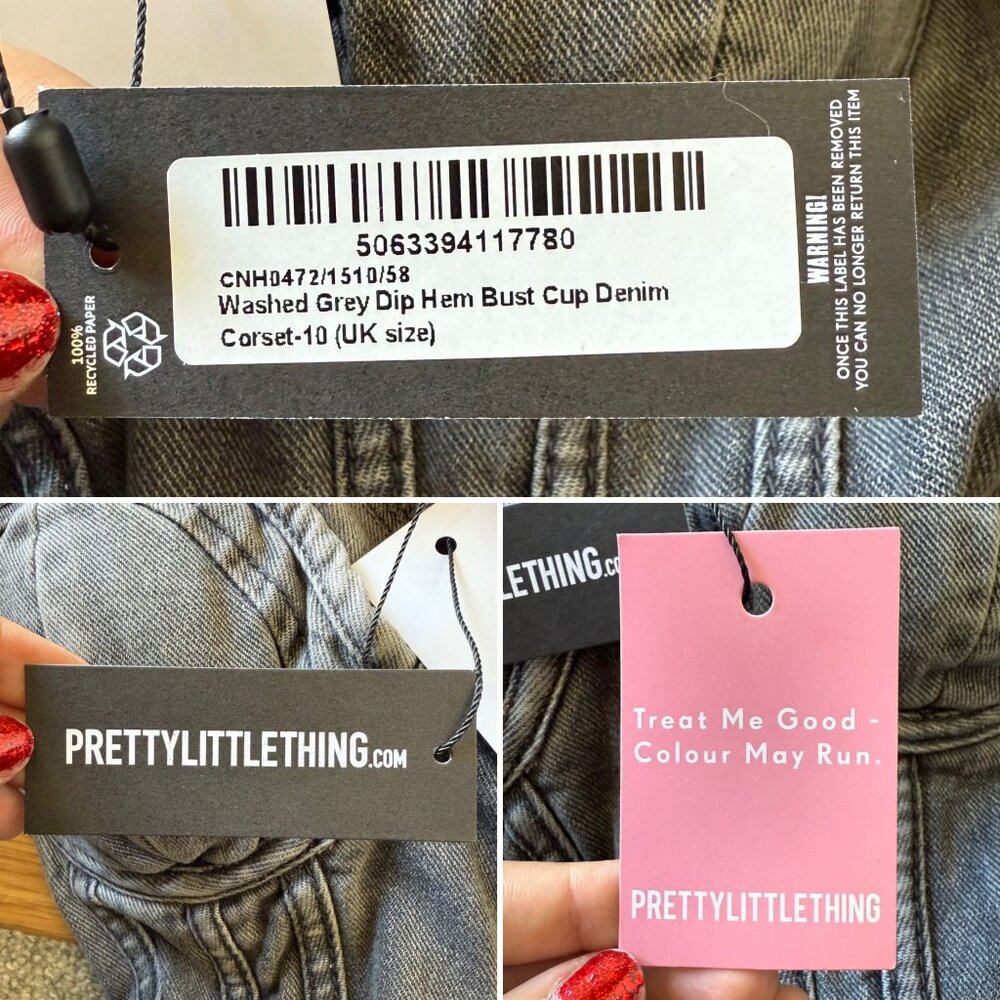 PrettyLittleThing Washed Grey Dip Hem Denim Corset Top Size 6 Bustier Bust Cup - Picture 7 of 9